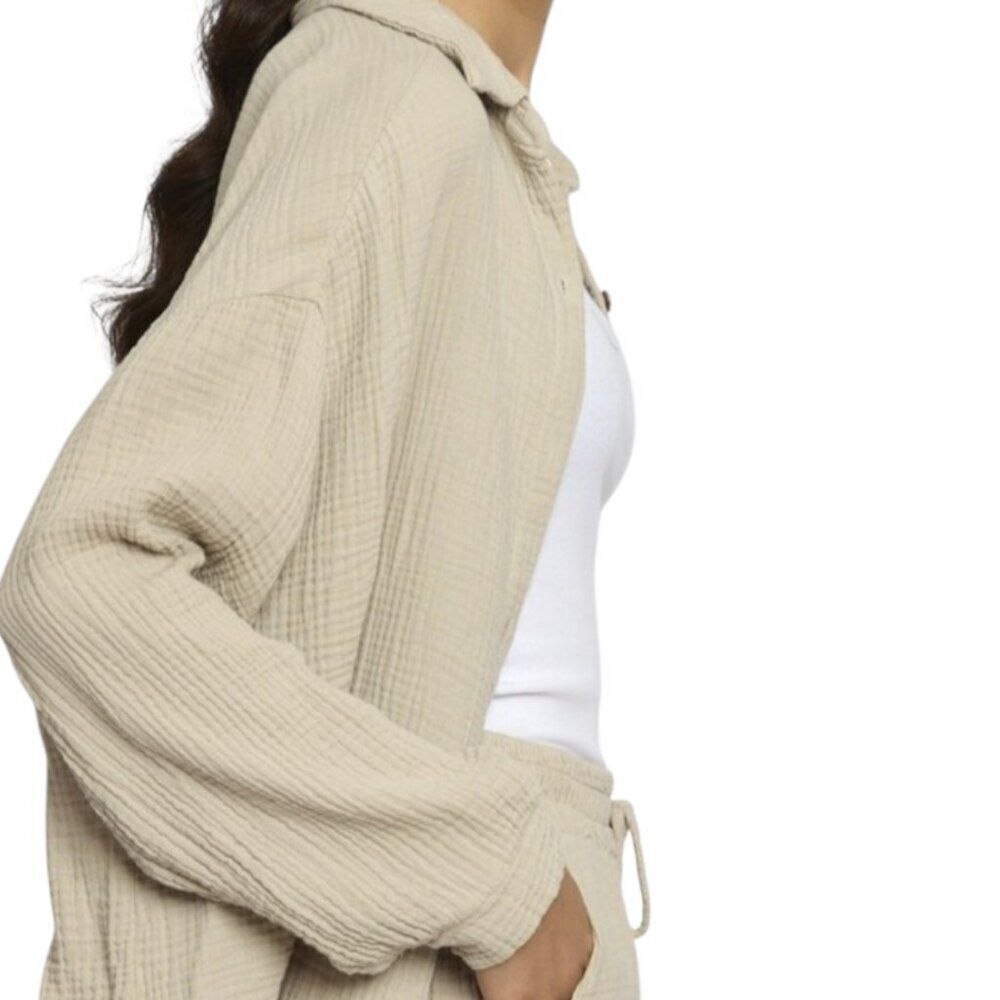 Italian Made Gauze Cotton Blouse Baggy Shirt Natural Neutral Beige One Size L - Picture 3 of 15